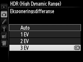 2 Velg funksjon. Marker HDR-innstilling og trykk på 2. Marker et av alternativene nedenfor, og trykk på J. For å ta en serie HDR-fotografier, velg 6 På (serie).