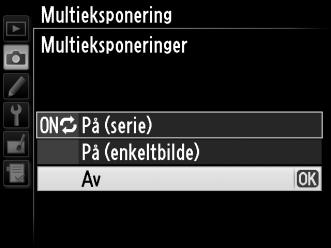 Avbryte multieksponering For å avbryte en multieksponering før det oppgitte antall eksponeringer er tatt, velger du Av for multieksponeringsfunksjonen.