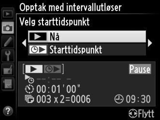 Pause under fotografering med intervallutløser Fotografering med intervallutløser kan pauses ved å: Trykke på J-knappen mellom intervaller Marker Start > Pause på menyen for intervallutløser og trykk