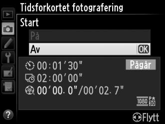 D Tidsforkortet fotografering Tidsforkortet fotografering er ikke tilgjengelig i live view (0 49, 57), ved en lukkertid på A (0 79), når alternative eksponeringer (0 153), High Dynamic Range (HDR, (0