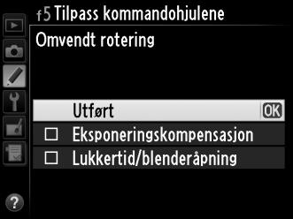 f5: Tilpass kommandohjulene G-knapp A meny for egendefinerte innstillinger Dette alternativet bestemmer hoved- og underkommandohjulenes funksjoner.