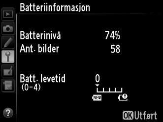 Batteriinformasjon G-knapp B oppsettsmeny Vis informasjon om batteriet som sitter i kameraet. Element Batterinivå Ant. bilder Batt. levetid Beskrivelse Gjeldende batterinivå uttrykt i prosent.