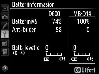 Vær oppmerksom på at kameraet noen ganger kan utløse lukkeren uten å ta et fotografi, for eksempel ved måling av forvalgt hvitbalanse. En visning med fem nivåer angir batteriets levetid.