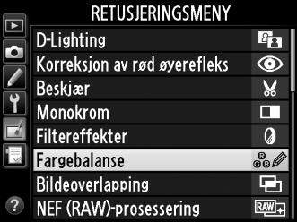 Lage retusjerte kopier Lage en retusjert kopi: 1 Velg et element i retusjeringsmenyen. Trykk på 1 eller 3 for å markere et element, og trykk på 2 for å velge. 2 Velg et bilde.