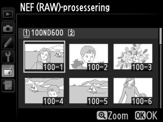 NEF (RAW)-prosessering G-knapp N retusjeringsmeny Lage JPEG-kopier av NEF (RAW)-fotografier. 1 Velg NEF (RAW)-prosessering.