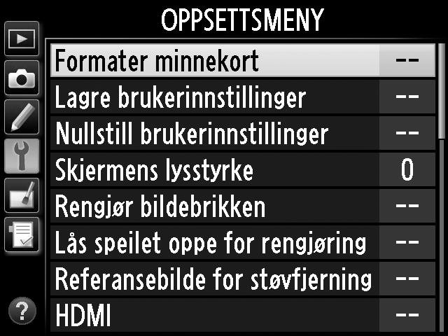 Kameramenyer Du finner de fleste alternativene for opptak, avspilling og oppsett i kameramenyene. Trykk på G-knappen for å vise menyene.