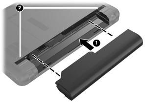 2. Plasser knastene på batteriet på linje med utsparingene på datamaskinen (1), og sett deretter batteriet inn i batteribrønnen.