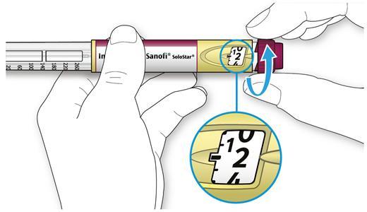 A Velg 2 enheter ved å vri dosevelgeren til doseindikatoren peker på tallet 2. B Trykk injeksjonsknappen helt inn. Pennen din fungerer som den skal når det kommer insulin ut av kanylespissen.