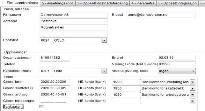 Kontrollere Firmaoppsettet Kontroller at opplysningene er korrekte i oppgaven Kartotek Firmaoppsett.