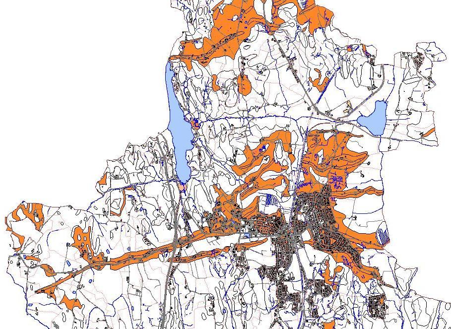 Ut fra geologisk kart: Områder hvor det