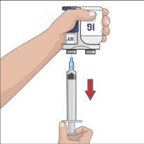 6. Klargjør hetteglass med rekombinant human hyaluronidase (HY): Ta den minste sterile sprøyten ut av emballasjen, og fest den til (en tilgangsenhet med) en pigg eller nål uten lufting.