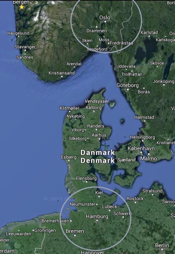 Figur 4-1: Omlandet rundt Hamburg og Oslo som inngår i analyseområdet Kartgrunnlaget fra Google Maps, bearbeidet av Oslo Economics/Sitma.