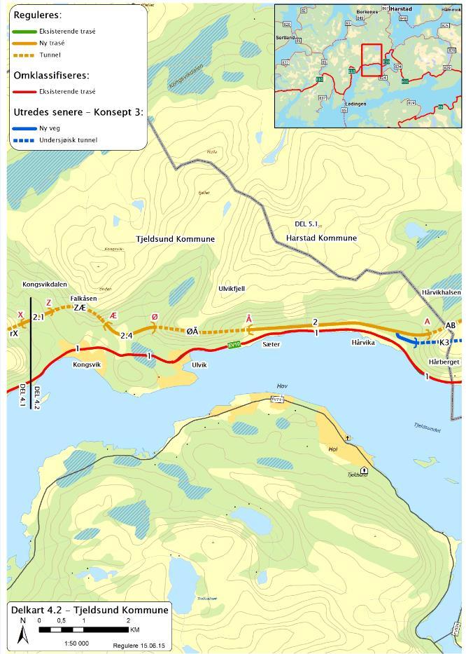 Tjeldsund kommune, delkart 4.2 Trase: Øvre trase 2.1 + tunnel ZÆ + trase 2.4 + tunnel ØÅ + trase 2 og tunnel AB videre gjennom Hårberget i Harstad.