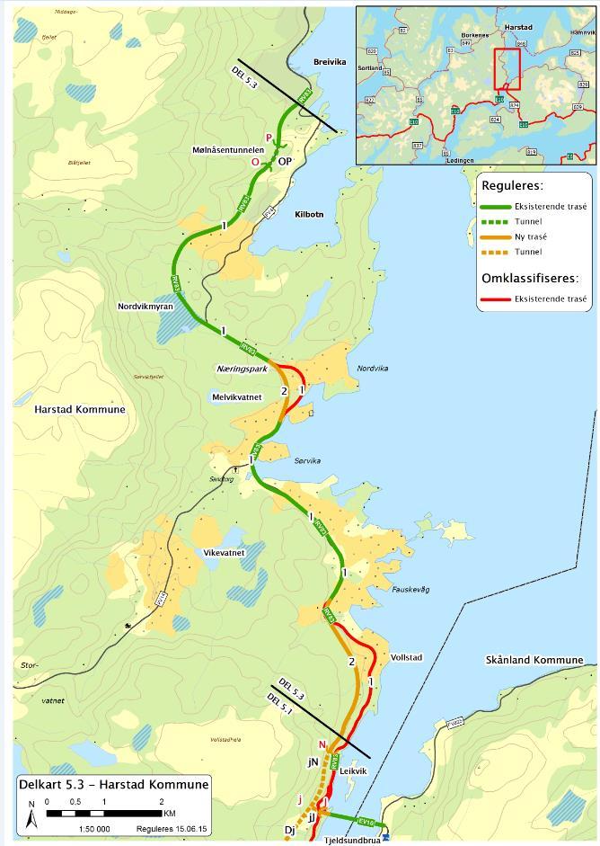 Harstad kommune, delkart 5.3 Trase: Justert trasealternativ 2, tunnel Nn, og trasealternativ 2 i kombinasjon med 1 frem til Sørvik, trase 2 i Nordvik og trase 1 til Harstad.