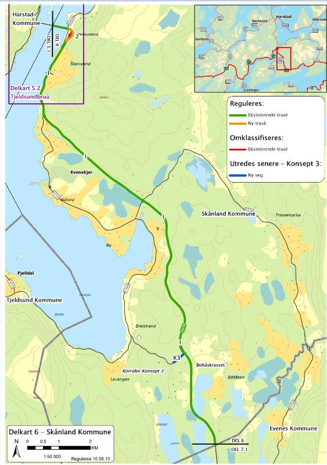 Skånland kommune, delkart 6 Trase: Trasealternativ 2 ved Tjeldsund bru, og utbedring av dagens veg, alternativ 1, frem til kommunegrense Evenes.