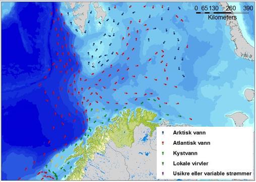 Figur C - 1 Strømforhold i Barentshavet (Sætre, 1999). Den marginale issonen Den marginale issonen (MIS) er en betegnelse på området mellom åpent hav og heldekkende sjøis.