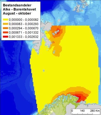 Alke Figur C - 9 Fordeling av alke (Alca torda) i Barentshavet, i vår og sommer (april-juli), høst (augustoktober) og vintersesongen (november-mars), basert på modellerte data (Seapop, 2013).