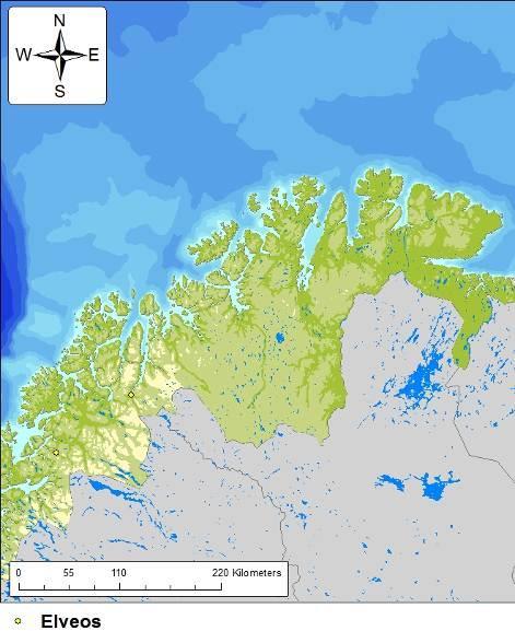 Figur C - 48 Utbredelse av strandlokalitetene elveos, våtmark og strandberg langs kysten