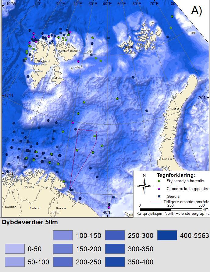 Figur C - 52 Geografisk fordeling av tre taxa svamper i Barentshavet (HI, 2012).