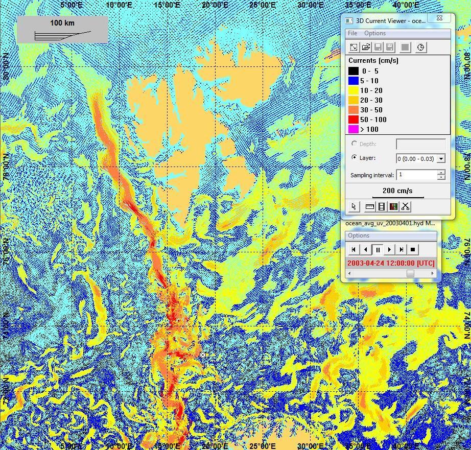 Figur 3-3 Øyeblikksbilde av overflatestrømmer i Barentshavet (Meteorologisk Institutt: SVIM arkivet for strøm- og isdata: ftp://ftp.met.no/projects/svim-public/svimresults/). 3.5.