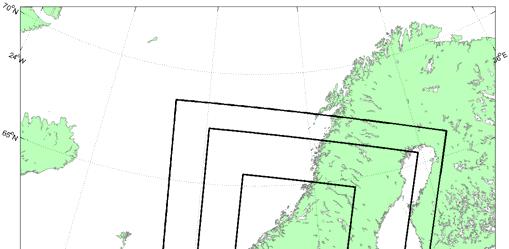 KVT/KH/2016/026 Figur 3-1 Simuleringsområdene til WRF modellen med 1.8 km horisontal oppløsning i innerste domene, 5.3 km i det mellomste og 16 km i ytterste domene.