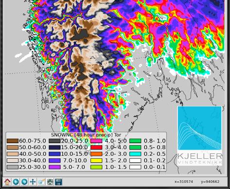 pdf 4.6 Nedbør som snø Figur 4-7 Kart over nedbørmengde som snø gitt i mm vannekvivalent under Dagmar (vestre panel) og Tor (høyre panel).