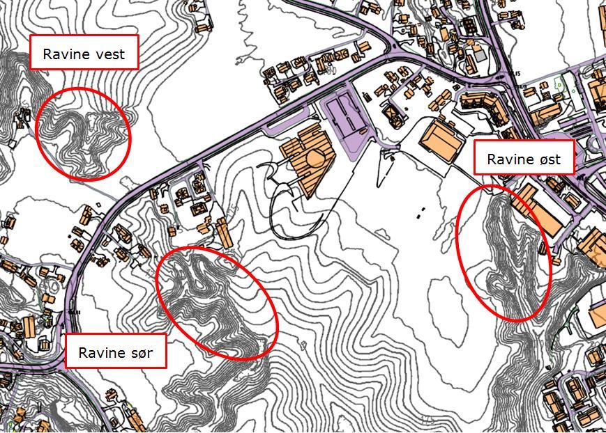 Figur 1 Vurderte ravineområder [4][6][7] Konseptene er vurdert med tanke på terrenginngrepene de vil kunne medføre, blant annet i forhold til størrelse på oppfylling/utgraving og oppstøttingstiltak.
