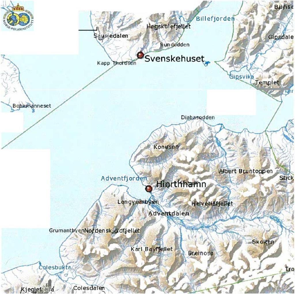 Figur 8: Kart over studieområdene: Longyearbyen, Hiorthhamn og