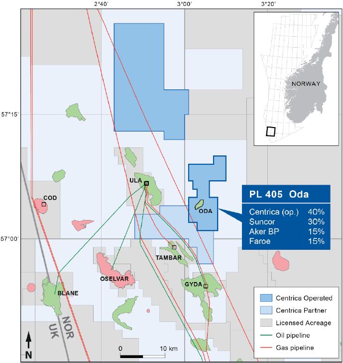 Centrica søker med dette om tillatelse etter Forurensningsloven 11 og 16, til legging av rørledninger, kontrollkabel, klargjøring og plassering av steinmasser på havbunnen for Oda feltet (tidligere