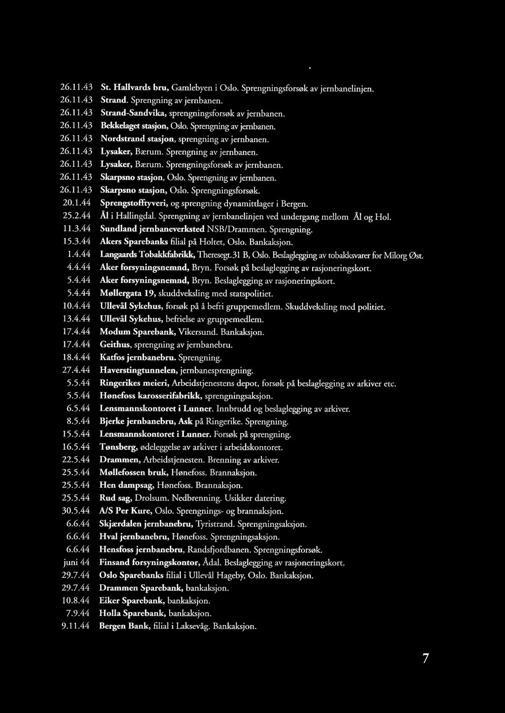 26.11.43 St. Hallvards bru, Gamlebyen i Oslo. Sprengningsforsøk av jernbanelinjen. 26.11.43 Strand. Sprengning av jernbanen. 26.11.43 Strand-Sandvika, sprengningsforsøk av jernbanen. 26.11.43 Bekkelaget stasjon, Oslo.