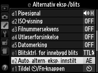 Ikke tilgjengelig med bildekvaliteten NEF (RAW). Ta ett bilde med Aktiv D-Lighting av og et annet med aktuell innstilling for Aktiv D-Lighting. 1 Velg et alternativ for alternative eksponeringer.