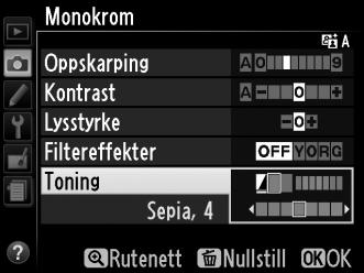 A Filtereffekter (kun Monokrom) Alternativene i denne menyen simulerer effekten av fargefilter på monokrome fotografier.