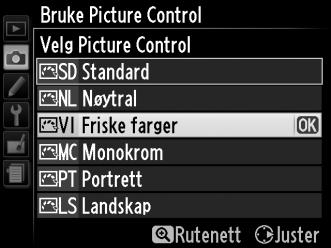Lage egendefinerte Picture Controls De Picture Controls som leveres med kameraet kan tilpasses og lagres som egendefinerte Picture Controls. 1 Velg Bruke Picture Control.