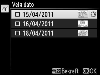 Dersom du velger Velg dato i trinn 2, trykk på 1 eller 3 for å markere en dato og trykk på 2 for å slå markert dato på eller av. For å vise bildene som er tatt på den valgte datoen, trykk på W.
