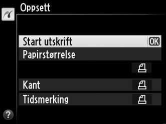 W-knapp: Vise bilder for valgt dato X-knapp: Vise markert bilde i fullskjerm 4 Vise utskriftsalternativer. Trykk på J for å vise PictBridgeutskriftsalternativene. 5 Justere utskriftsalternativene.