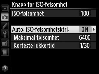 Når På er valgt, justeres ISO-følsomheten automatisk dersom optimal eksponering ikke kan oppnås ved den verdien du selv har valgt (ISO-følsomheten justeres til en passende verdi når blitsen brukes).