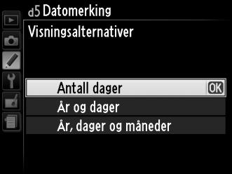 Datoteller Dato eller dato og klokkeslett settes på bilder som er tatt så lenge dette alternativet er aktivert.