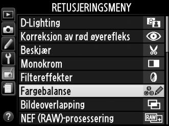 Lage retusjerte kopier Lage en retusjert kopi: 1 Vis retusjeringsalternativene. Marker ønsket element i retusjeringsmenyen og trykk på 2. 2 Velg et bilde. Marker et bilde og trykk på J.