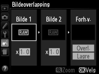 Bildeoverlapping G-knapp N retusjeringsmenyen Bildeoverlapping kombinerer to eksisterende NEF (RAW)-fotografier for å lage et enkelt bilde som lagres atskilt fra originalene.