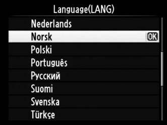 Grunnleggende oppsett En dialogboks for valg av språk vises første gang du skrur på kameraet. Velg språk og angi tid og dato.