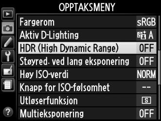 Blitsen kan ikke brukes når HDR er i bruk. + Første eksponering (mørkest) Andre eksponering (lysest) Kombinert HDR-bilde t 1 Velg HDR (High Dynamic Range). Trykk på G-knappen for å vise menyene.