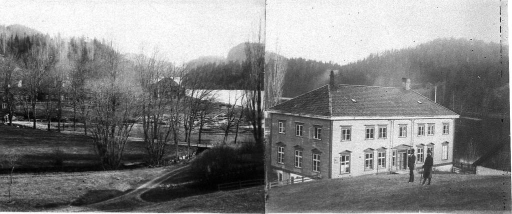 Brødrene Hansen fotografert i jaktutstyr på framsida av hovedbygningen. Hageinngangen er noe endret sammenliknet med bildet som er datert 1895. Her er det ikke baldakin over døra.