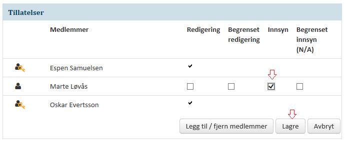 Velg medlemmer fra venstre side og flytt over med pilen til høyre side.