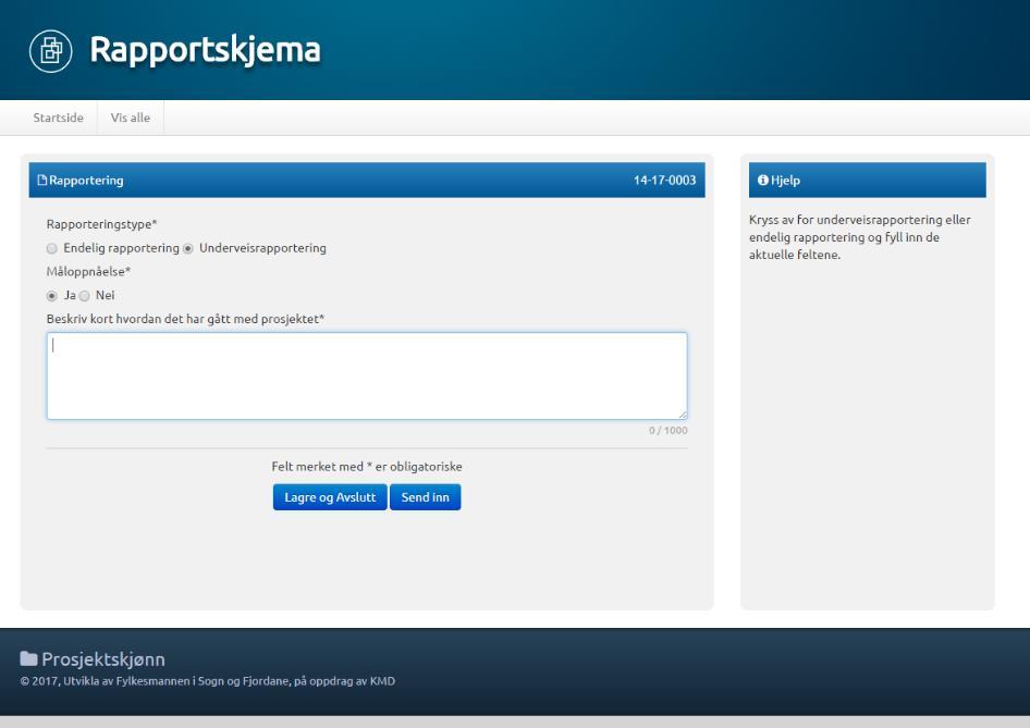 Undervegsrapportering For å rapportere må du klikke på «Rediger» i Rapporteringspanelet. Sjå figur 18. Rapporteringsskjemaet liknar på søknadsskjema, men er enklare, og med berre ei side.