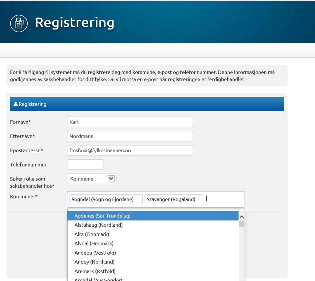 Registrering Kommune søkjer om rolle før løysinga kan takast i bruk.