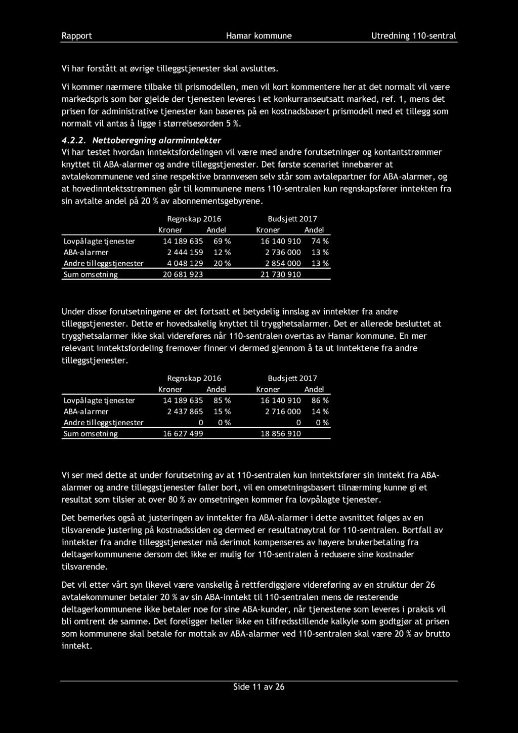 Rapport Hamar kommune Utredning 110 - sentral Vi har forstått at øvrige tilleggstjenester skal avsluttes.