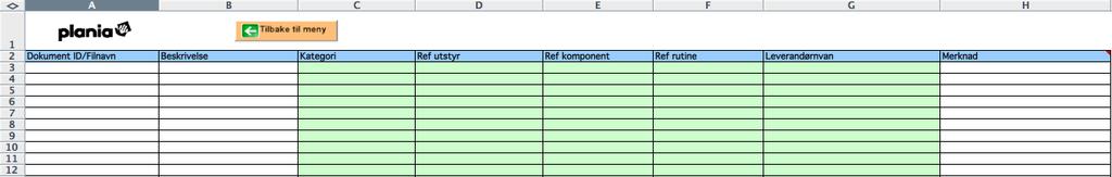 Tabell16,Dokumentoversikt,Plania Programmet setter ingen føringer for valg av dokumentets filnavn, men det velges kategori på dokumentet.