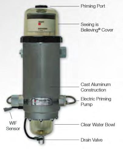 Filterhus i aluminium med port for vannsensor og klar filterbolle med drensplugg. For sikker vinterdrift og bruk av diesel med høyt innhold av biodiesel anbefalles varmeelement.