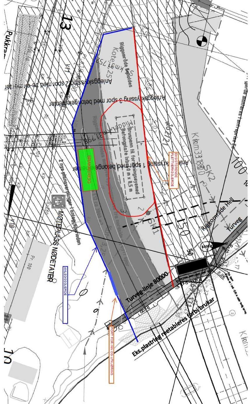 3.4.3 RIGGPLAN RIVING AV JERNBANEBR U Figur 3.12 viser riggplanen for prosjektet Riving av Jernbanebru på Hell i Stjørdal (Petersen, 2017).