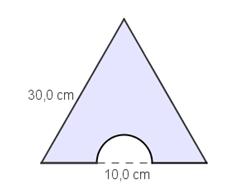 ) B7 Figuren til høyre viser en likesidet trekant med sider 30,0 cm. Utskjæringen er en halvsirkel med diameter 10,0 cm.